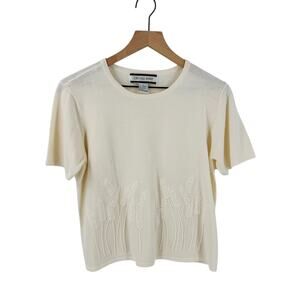 Vintage Crystal Kobe Embroidered Knit Top Short Sleeve Cream Boho Size L Large